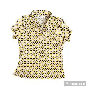 Kontrol Juniors Retro Style Beige, Brown, And Yellow Design Collared V-Neck Top